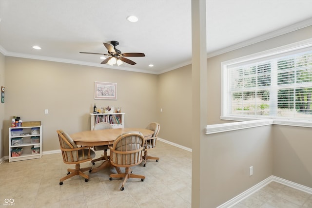16802 Oak Manor Dr, Westfield, IN 46074 - dining area with recessed lighting, baseboards, ceiling fan, and ornamental molding