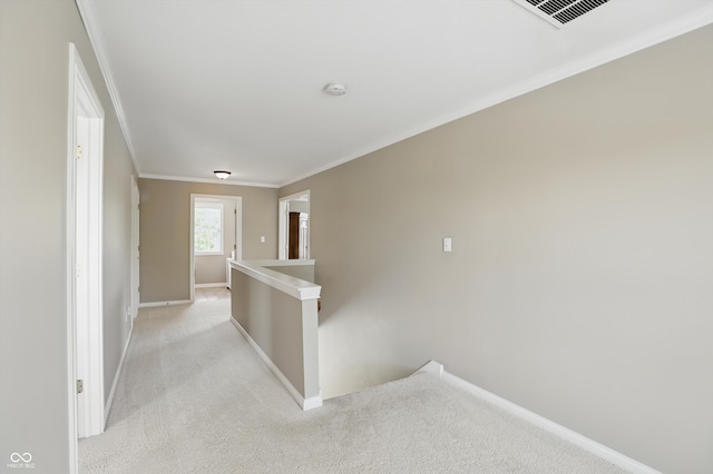16802 Oak Manor Dr, Westfield, IN 46074 - hall with an upstairs landing, baseboards, crown molding, and light carpet