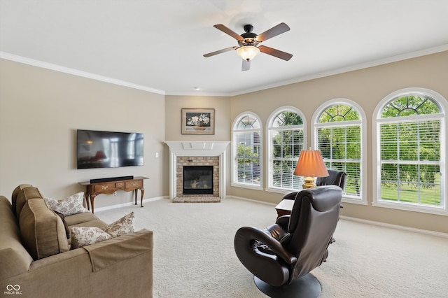 16802 Oak Manor Dr, Westfield, IN 46074 - carpeted living room featuring crown molding, healthy amount of natural light, baseboards, and a ceiling fan