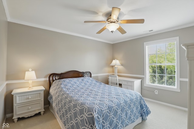 16802 Oak Manor Dr, Westfield, IN 46074 - bedroom featuring light colored carpet, baseboards, ornamental molding, and ceiling fan