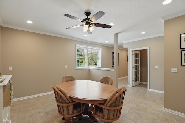 16802 Oak Manor Dr, Westfield, IN 46074 - dining space with recessed lighting, crown molding, ceiling fan, baseboards, and light tile patterned floors