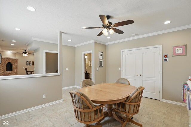 16802 Oak Manor Dr, Westfield, IN 46074 - dining room with a ceiling fan, recessed lighting, crown molding, and baseboards