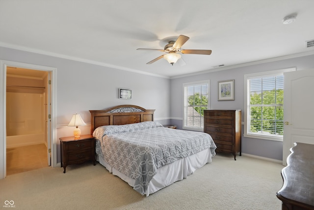 16802 Oak Manor Dr, Westfield, IN 46074 - bedroom with light colored carpet, baseboards, crown molding, and a ceiling fan