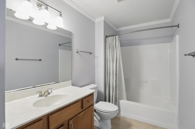 16802 Oak Manor Dr, Westfield, IN 46074 - bathroom with crown molding, toilet, vanity, tile patterned floors, and shower / tub combo