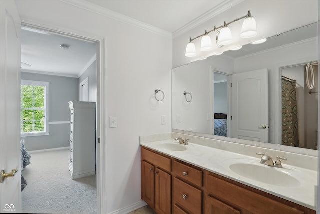 16802 Oak Manor Dr, Westfield, IN 46074 - full bath featuring double vanity, crown molding, baseboards, and ensuite bath