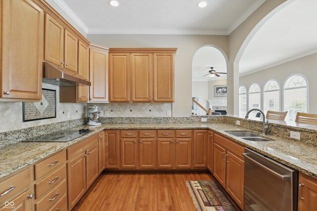 16802 Oak Manor Dr, Westfield, IN 46074 - kitchen with stainless steel dishwasher, under cabinet range hood, a ceiling fan, a sink, and electric cooktop