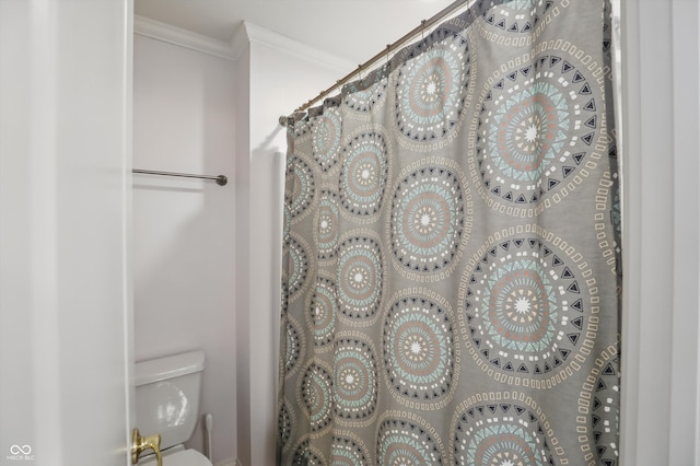16802 Oak Manor Dr, Westfield, IN 46074 - bathroom with ornamental molding, toilet, and curtained shower