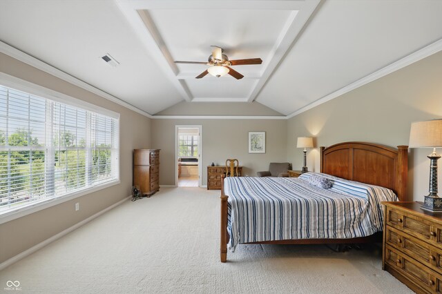 16802 Oak Manor Dr, Westfield, IN 46074 - bedroom with light colored carpet, vaulted ceiling, baseboards, crown molding, and a ceiling fan