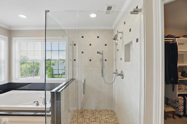 16802 Oak Manor Dr, Westfield, IN 46074 - full bathroom featuring ornamental molding, a stall shower, a bath, a walk in closet, and recessed lighting
