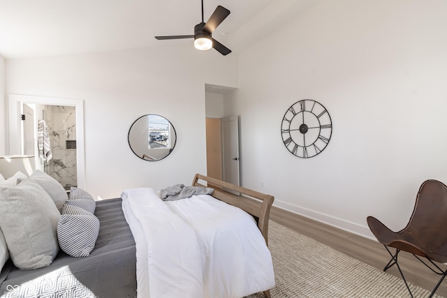 2051 Columbia Ave, Indianapolis, IN 46202 - bedroom featuring wood finished floors, baseboards, ceiling fan, and high vaulted ceiling