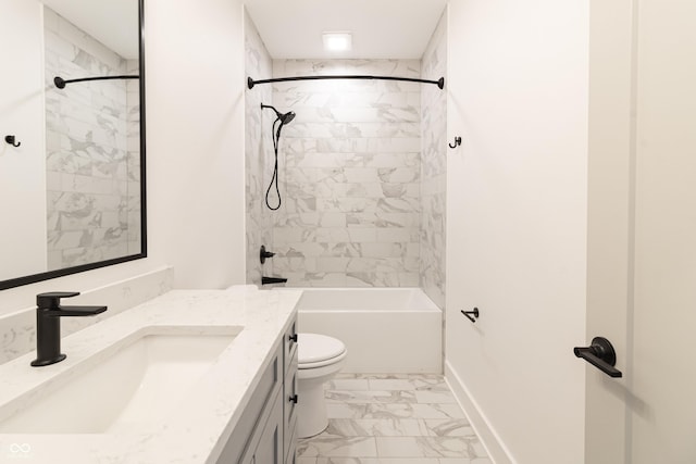 2051 Columbia Ave, Indianapolis, IN 46202 - bathroom featuring marble look tiles, vanity, toilet, shower / bathtub combination, and baseboards
