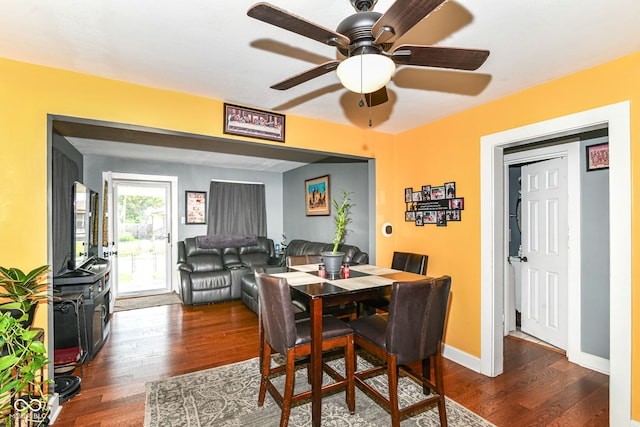 1619 E Bradbury Ave, Indianapolis, IN 46203 - dining room featuring dark wood-type flooring, ceiling fan, and baseboards