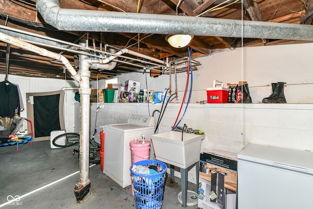 1619 E Bradbury Ave, Indianapolis, IN 46203 - unfinished basement with washer / dryer, refrigerator, and a sink