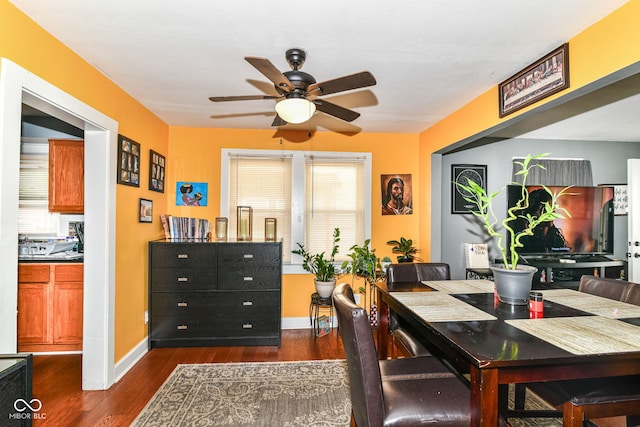 1619 E Bradbury Ave, Indianapolis, IN 46203 - dining area featuring ceiling fan, dark wood-style floors, and baseboards