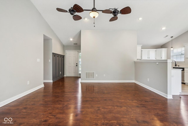 17357 Austrian Pine Way, Westfield, IN 46074 - unfurnished living room featuring a ceiling fan, wood finished floors, recessed lighting, baseboards, and high vaulted ceiling