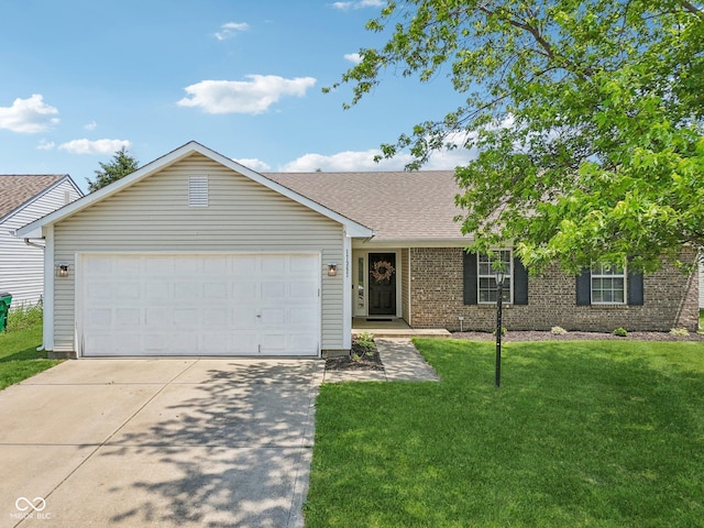 17357 Austrian Pine Way, Westfield, IN 46074 - ranch-style home featuring driveway, a front lawn, an attached garage, roof with shingles, and brick siding