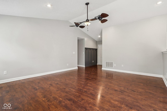 17357 Austrian Pine Way, Westfield, IN 46074 - empty room with ceiling fan, baseboards, dark wood-style flooring, recessed lighting, and high vaulted ceiling