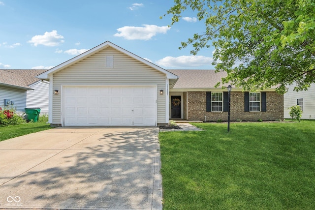 17357 Austrian Pine Way, Westfield, IN 46074 - ranch-style home with driveway, a front yard, brick siding, a garage, and a shingled roof