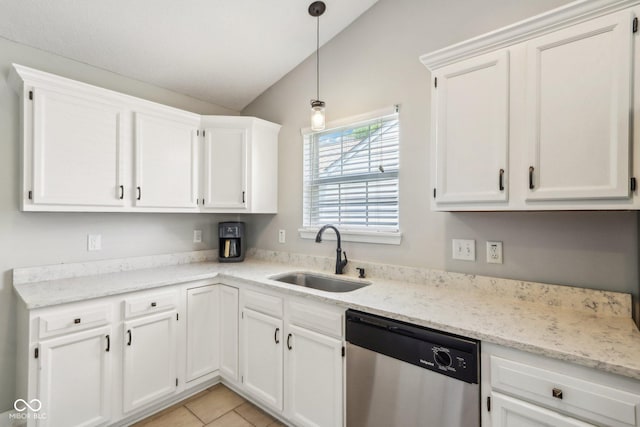 17357 Austrian Pine Way, Westfield, IN 46074 - kitchen featuring dishwasher, a sink, lofted ceiling, white cabinets, and pendant lighting