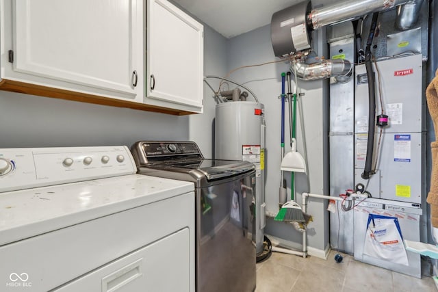 17357 Austrian Pine Way, Westfield, IN 46074 - laundry area with washing machine and clothes dryer, cabinet space, light tile patterned floors, electric water heater, and heating unit