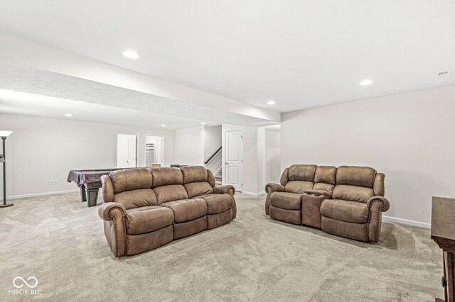 living area with carpet, recessed lighting, stairs, and pool table