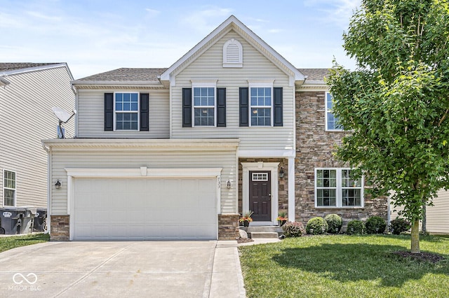 view of front of property with stone siding, driveway, a front lawn, and an attached garage