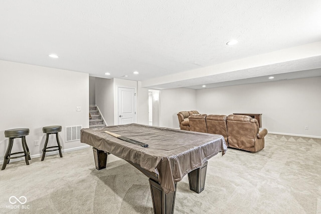 game room with light carpet, baseboards, recessed lighting, and billiards table