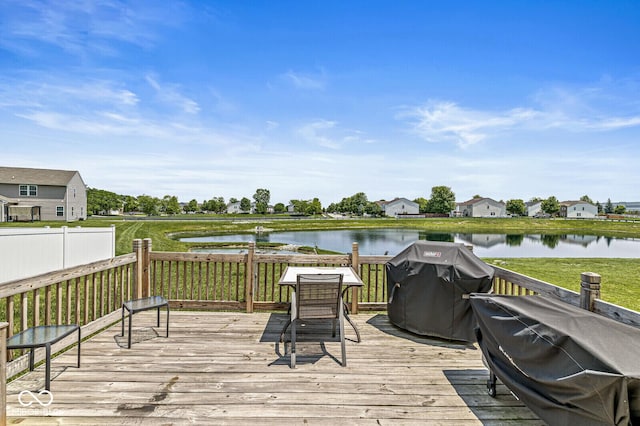 wooden deck featuring a water view and grilling area