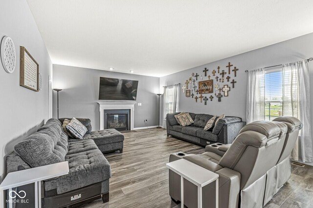 living area with wood finished floors, a glass covered fireplace, and baseboards