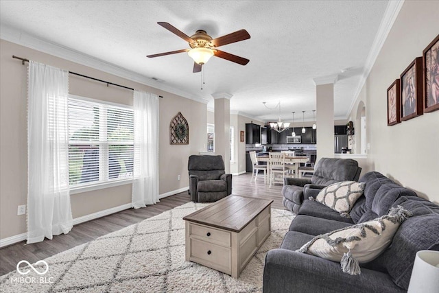2434 Burgundy Way, Plainfield, IN 46168 - living room with ornamental molding, light wood-type flooring, a ceiling fan, a chandelier, and baseboards