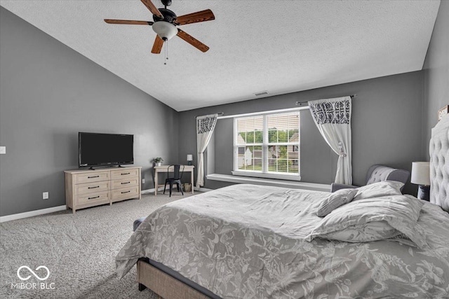2434 Burgundy Way, Plainfield, IN 46168 - bedroom featuring a textured ceiling, carpet floors, baseboards, lofted ceiling, and a ceiling fan