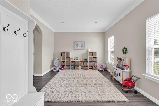 2434 Burgundy Way, Plainfield, IN 46168 - playroom with healthy amount of natural light, arched walkways, dark wood-type flooring, and crown molding