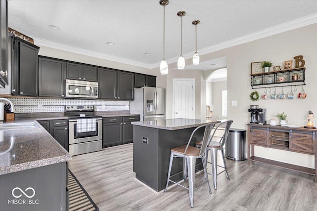 2434 Burgundy Way, Plainfield, IN 46168 - kitchen with stainless steel appliances, a sink, a kitchen bar, arched walkways, and ornamental molding