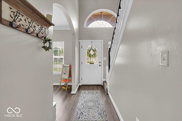 2434 Burgundy Way, Plainfield, IN 46168 - entryway featuring arched walkways, wood finished floors, baseboards, stairway, and a towering ceiling