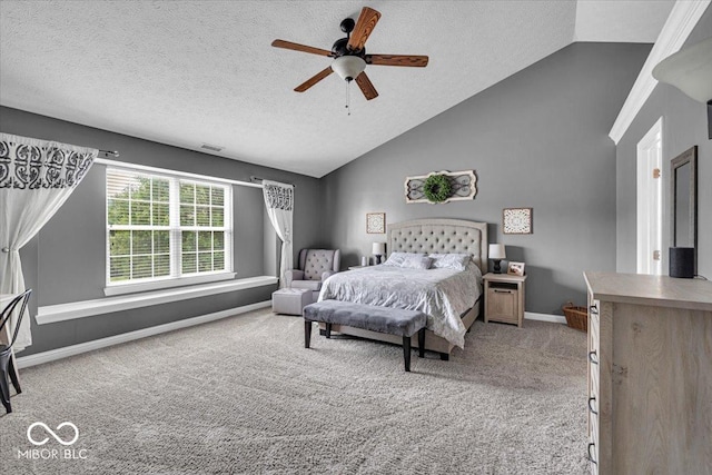 2434 Burgundy Way, Plainfield, IN 46168 - bedroom featuring carpet floors, lofted ceiling, baseboards, a textured ceiling, and a ceiling fan
