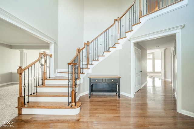 10555 Serra Vista Pt, Fishers, IN 46040 - stairs with wood finished floors, baseboards, and a towering ceiling