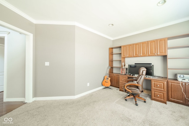 10555 Serra Vista Pt, Fishers, IN 46040 - home office with carpet flooring, ornamental molding, baseboards, built in desk, and recessed lighting