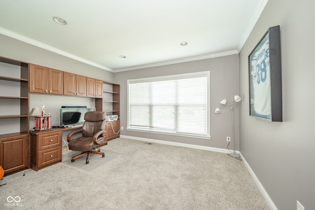 10555 Serra Vista Pt, Fishers, IN 46040 - office area with light carpet, baseboards, ornamental molding, built in desk, and recessed lighting
