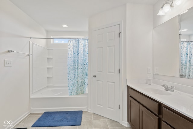 1026 Sorrell Pass, Greenwood, IN 46143 - full bath with vanity, tile patterned flooring, shower / bath combination with curtain, and baseboards