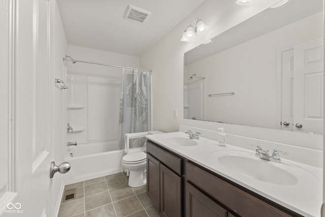 1026 Sorrell Pass, Greenwood, IN 46143 - full bathroom featuring toilet, double vanity, shower / tub combo with curtain, and tile patterned floors