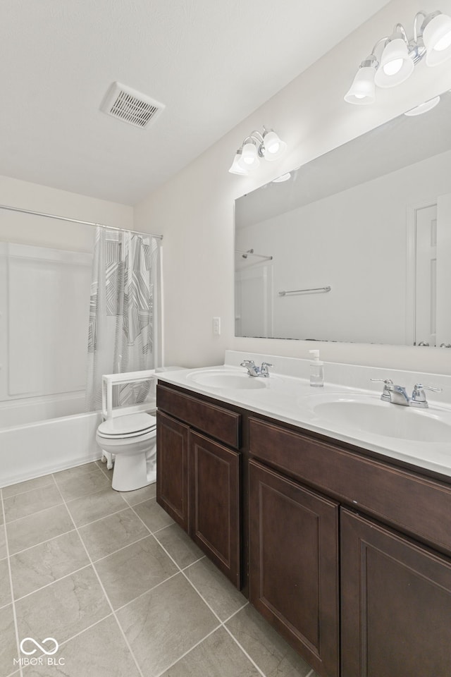 1026 Sorrell Pass, Greenwood, IN 46143 - bathroom with double vanity, tile patterned flooring, toilet, and shower / tub combo with curtain