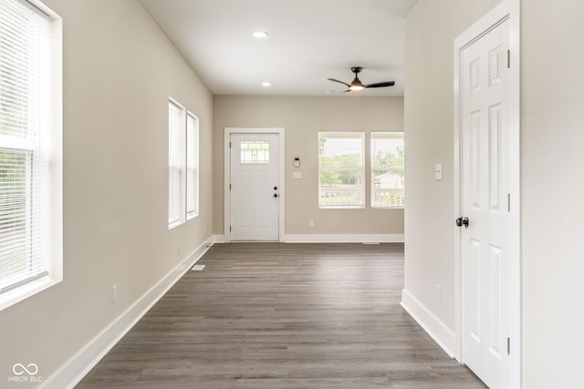 2427 N Rural St, Indianapolis, IN 46218 - foyer featuring a ceiling fan, baseboards, wood finished floors, and recessed lighting