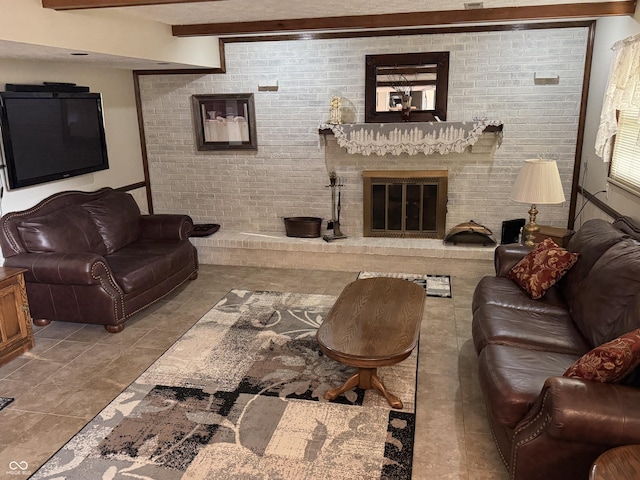 4928 Dancer Dr, Indianapolis, IN 46237 - living area with a fireplace, tile patterned floors, beamed ceiling, and brick wall