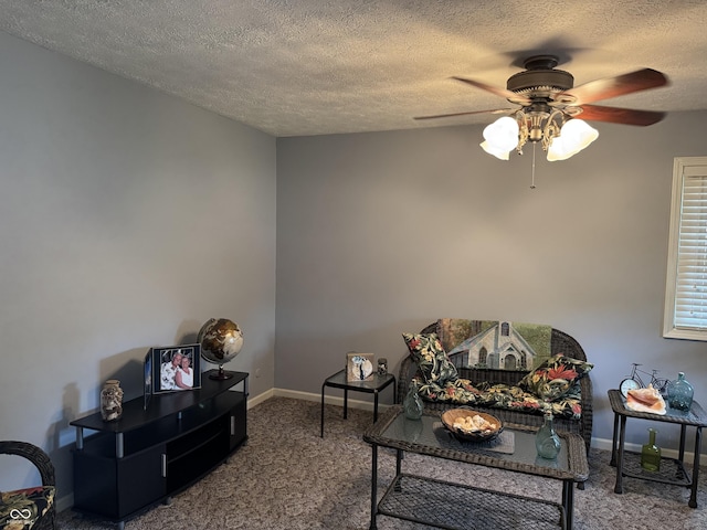 4928 Dancer Dr, Indianapolis, IN 46237 - living room with a ceiling fan, carpet flooring, a textured ceiling, and baseboards