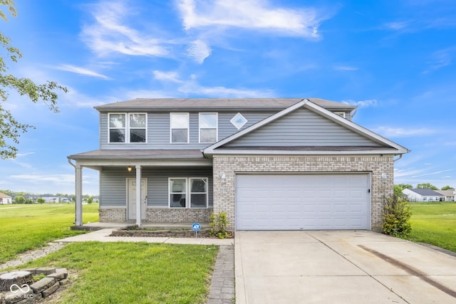 9692 Centennial Ct, Avon, IN 46123 - traditional-style house with brick siding, covered porch, a front lawn, driveway, and an attached garage