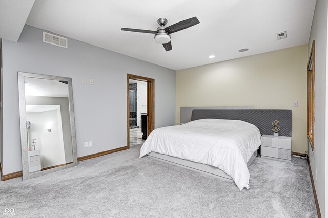4181 Whitetail Woods Dr, Bargersville, IN 46106 - carpeted bedroom with baseboards, ensuite bath, and a ceiling fan