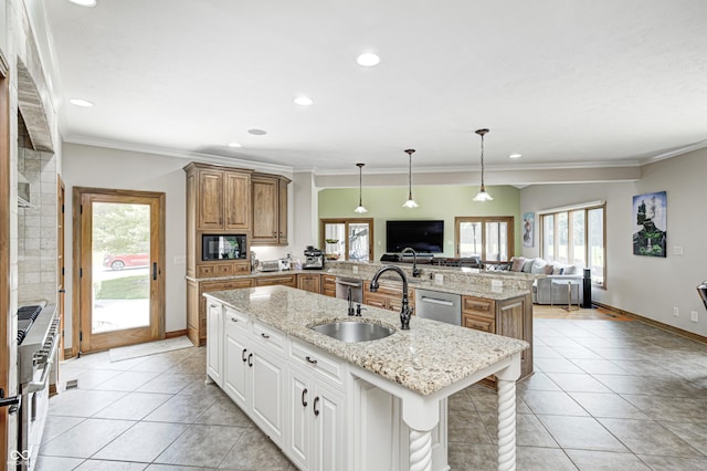 4181 Whitetail Woods Dr, Bargersville, IN 46106 - kitchen featuring a sink, open floor plan, stainless steel dishwasher, light tile patterned floors, and recessed lighting