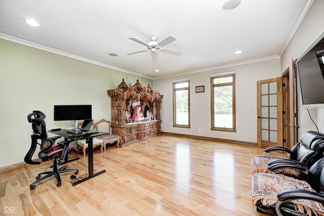 4181 Whitetail Woods Dr, Bargersville, IN 46106 - home office featuring light wood-style flooring, ceiling fan, baseboards, recessed lighting, and crown molding