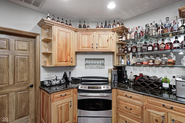 4181 Whitetail Woods Dr, Bargersville, IN 46106 - kitchen with open shelves, electric stove, and dark stone counters