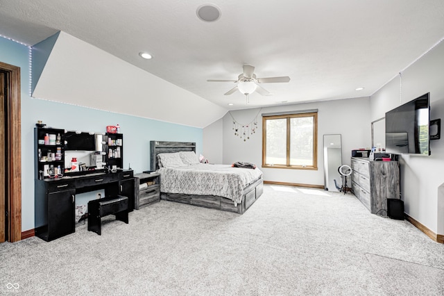 4181 Whitetail Woods Dr, Bargersville, IN 46106 - bedroom featuring light carpet, baseboards, vaulted ceiling, a ceiling fan, and recessed lighting
